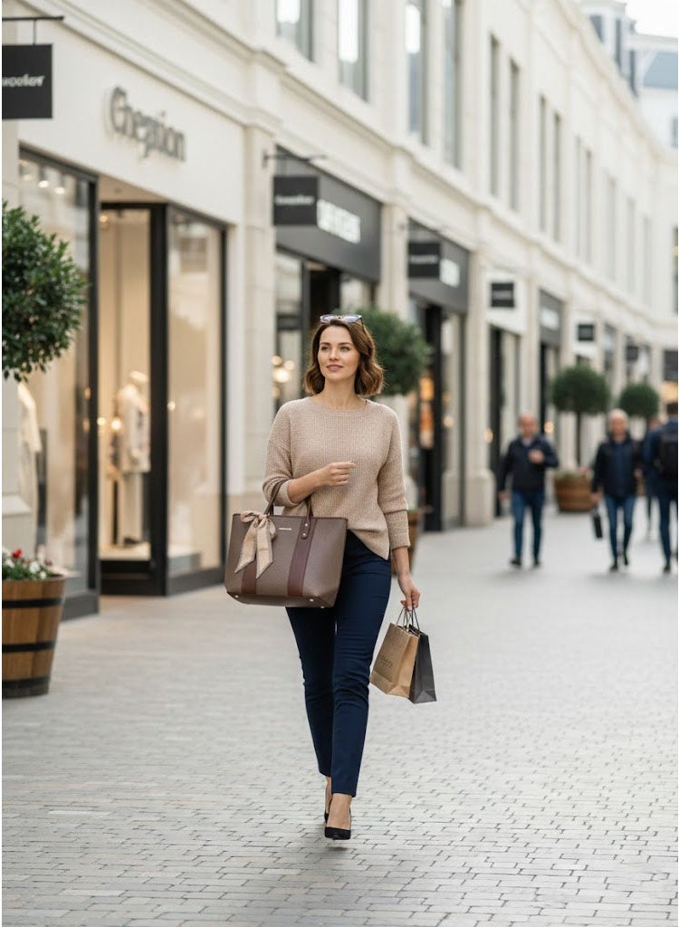 FUMES Coffee Brown Women’s Elegant Panel Tote Handbag with Scarf Detail – Structured Premium Shoulder Bag - Image 5